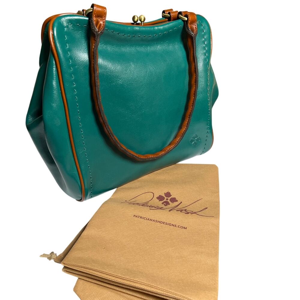 Patricia Nash Kalivia Leather Satchel Purse-Aqua Green-Tan brown-NEW
